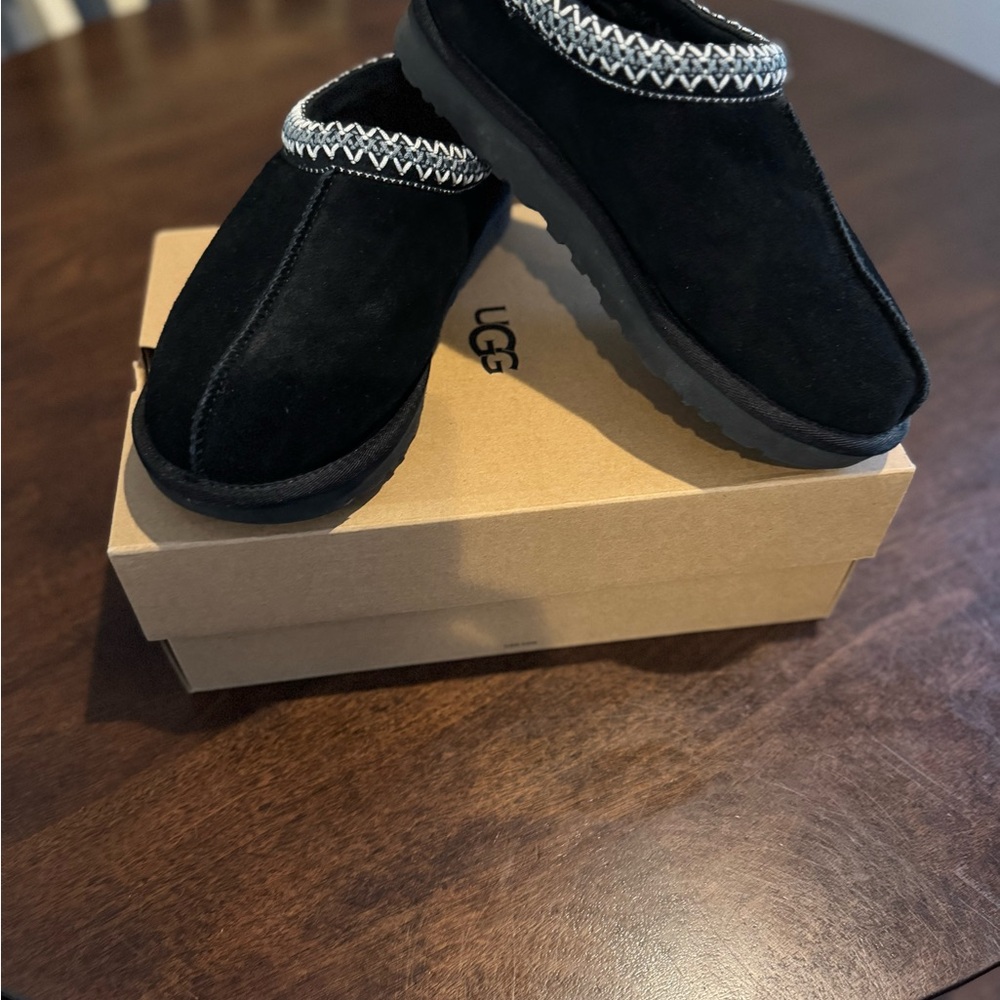 UGG Black Suede Slip-Ons with Patterned Trim